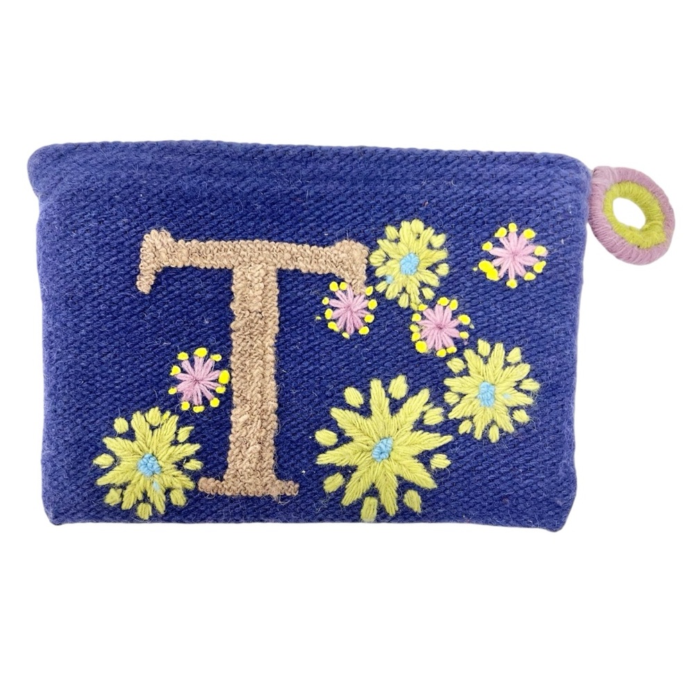 NWT Jenny Krauss Sweet Nothings “T” Monogram Zipper Pouch Bag Handwoven Wool